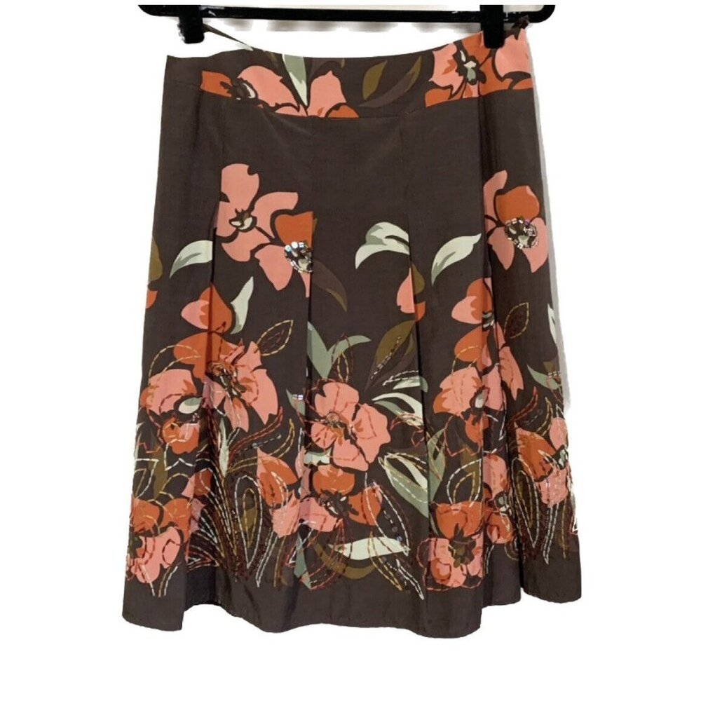 Talbots Brown Silk Blend Floral Embroidered Beaded A-Line Skirt Women’s 10